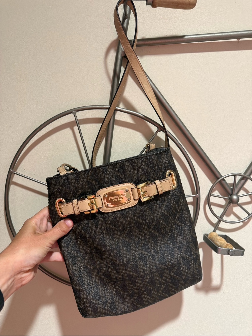 Michael Kors Signature MK Logo Crossbody Bag Brown Gold Buckle Hardware